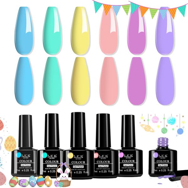 LKE Pastel Gel Nail Polish Kit Spring Easter Gel Polish Set 6 Color Red Pink Purple Blue Green Bright Yellow Gel Polish Soak Off U V Led Gel Nail Art Manicure Kit for Girls Women