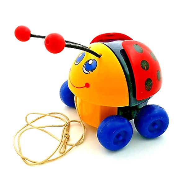 Fisher-Price Toy Lady Bug Pull Along Toy 1982 Yellow Red with Black Dots