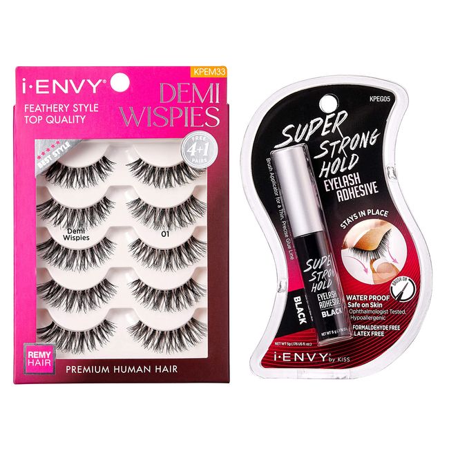 iENVY False Eyelashes and Lash Adhesive Set Demi Wispies Natural Lashes 5 Pairs Fake Eye Lashes (Black)