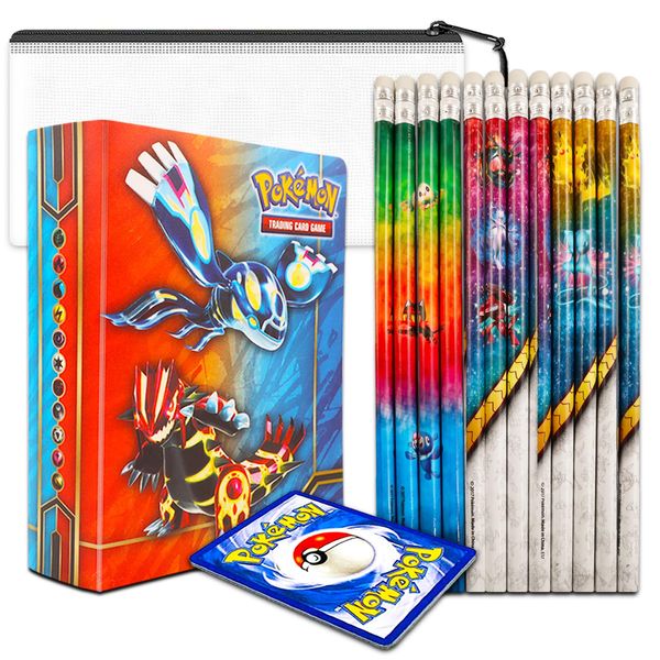 Pokemon Pencil Party Favors for Kids Bundle ~ 12 Pcs Pokemon Pencils and Erasers Set with Storage Bag, Pokemon Cards and More School Supplies