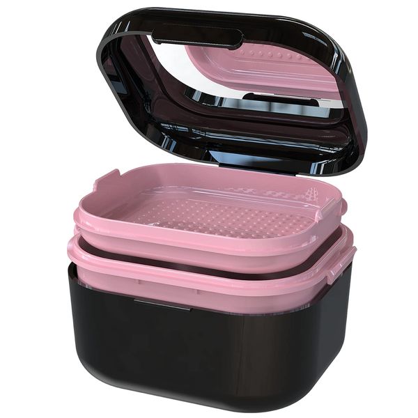 BVN Denture Bath Denture Case: Denture Cup for Soaking Dentures, Retainer Cleaner Case with Mirror, Mouth Guard Case, Aligner Case, Retainer Holder, Night Guard Case, False Teeth Container Black