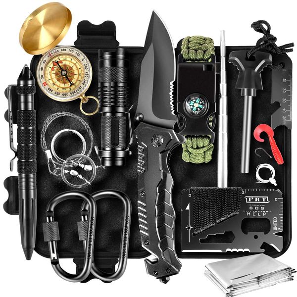 Survival Kit 14 in 1, Professionelles Notfall Survival Kit mit Klappmesser, Taschenlampe, Survival Ausrüstung für Outdoor Camping, Abenteuer, Wandern, Jagen, Angeln, Männer, Väter