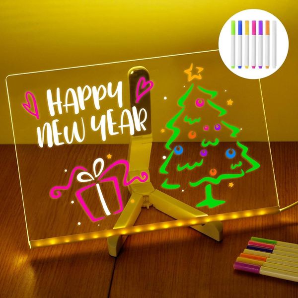 Dry Erase Board with Light, 12"X8" 7-Color Neon Glow Memo ，LED Light-Up Message Note Board with Stand as Night Light for Room/Store/Office/Festival/Gift, Touch Control, 7 Color Mark Pen
