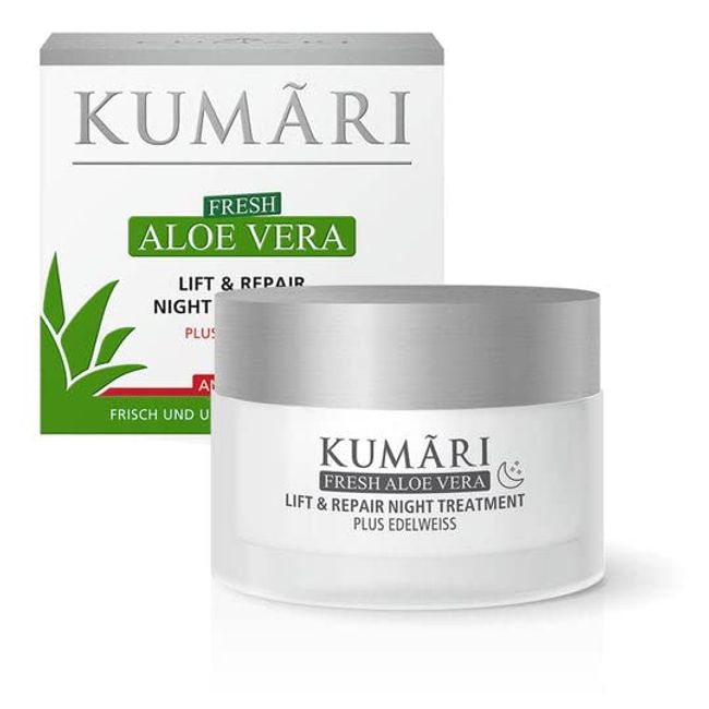 KUMARI Lift & Repair Night Treatment mit Aloe Vera + Edelweiss strafft die Haut & glättet Fältchen – vegane Anti-Aging Nachtcreme mit 67% unverdünntem BIO Aloe Vera Pflanzensaft (50ml)