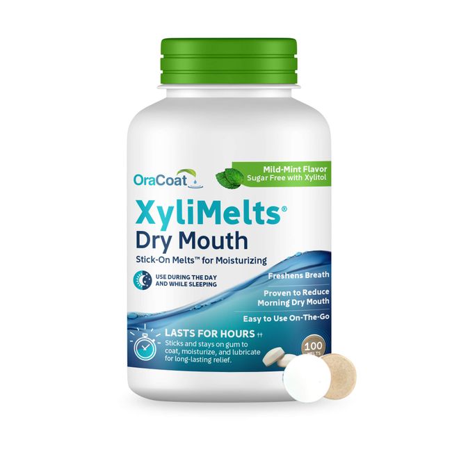 OraCoat XyliMelts Dry Mouth Relief Oral Adhering Discs, Slightly Sweet with Xylitol, For Dry Mouth, Stimulates Saliva, Non-Acidic, Day and Night Use, Time Release for up to 8 Hours, 100 Count