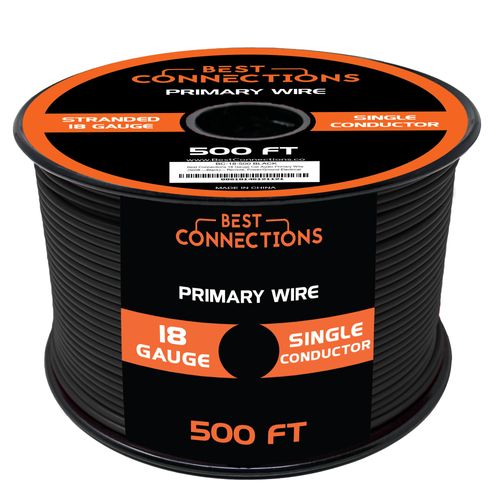 BEST CONNECTIONS Automotive Primary Wire - 500ft (Various Color Options) | Ideal for Trailer, Speaker, and Lighting Circuits | Durable Primary/Remote, Power/Ground Electrical Wiring (Black, 18 Gauge)