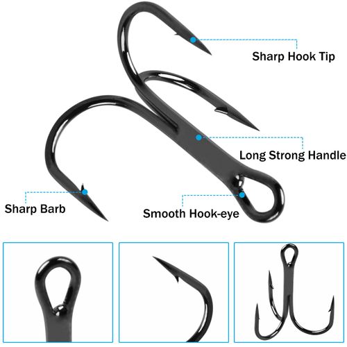 Fishing Treble Hooks Kit High Carbon Steel Hooks Strong Sharp Round Bend for Lures Baits Saltwater Fishing 110pcs/box Mixed 6 Size 4 6 8 10 12 14