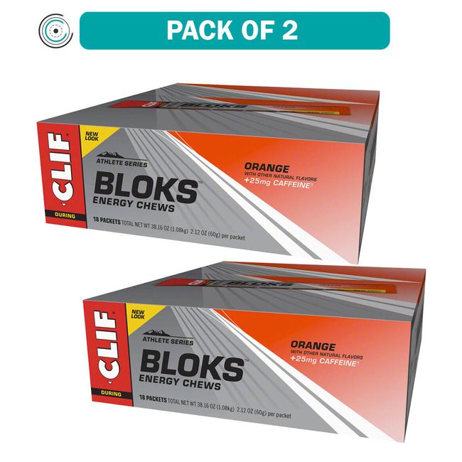 Pack of 2 Clif Shot Bloks: Orange with 25mg Caffeine Box of 18