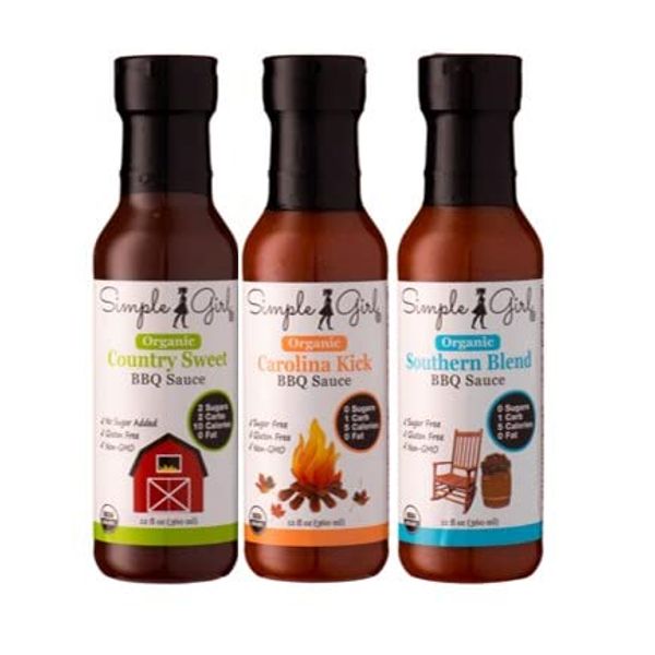 Simple Girl Organic BBQ sauces - 3 Variety Pack - 12oz each - Carolina Kick - Country Sweet - Southern Blend - Organic, Gluten Free, and Kosher (Carolina Kick and Southern Blend only) - Full of Flavor - Diet Friendly Barbecue Sauces