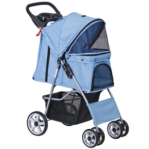 Folding Dog Stroller Travel Carrier Small Medium Cat Pet with Cup Holder Blue