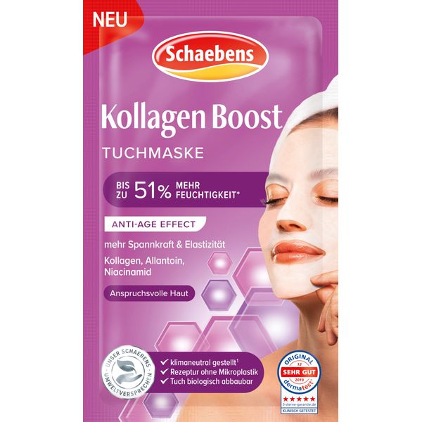 Schaebens Kollagen Boost Tuchmaske, Anti-Age Effect mit Kollagen, Allantoin und Niacinamid für anspruchsvolle Haut.