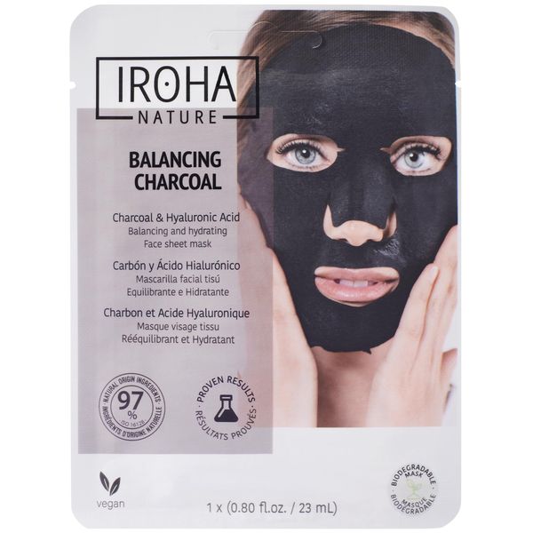 Iroha Nature Charcoal Hydrating & Detox Face Sheet Mask with Active Charcoal and Hyaluronic Acid, 100% Biodegradable Mask Fask Vegan