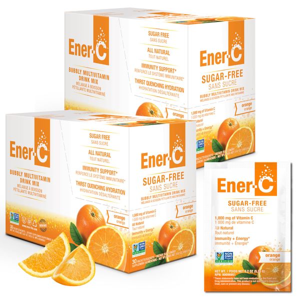 Ener-C Sugar Free Energy Orange Multivitamin Drink Mix Vitamin C 1000mg & Electrolytes - Natural Immunity Support with Real Fruit Juice Powders Non-GMO Vegan & Gluten Free - 60 Count