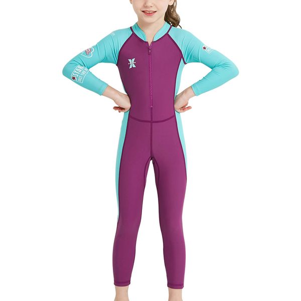 DIVE&SAIL Boys Long Sleeve One Piece Swimsuit Sun Protective Wetsuit Rash Guard Diving Swimming Suit Rose L