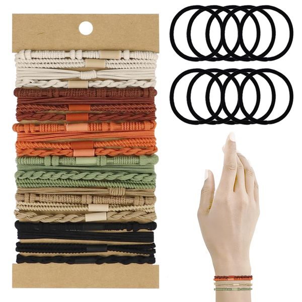 34 PCS Boho Hair Ties, KUAOOAUK 5 Styles Elastic Bracelets Hair Ties, No Damage Hair Bands for Thin and Thick Hair, Ponytail Holders for Women Girls Accessories (6 Colors)