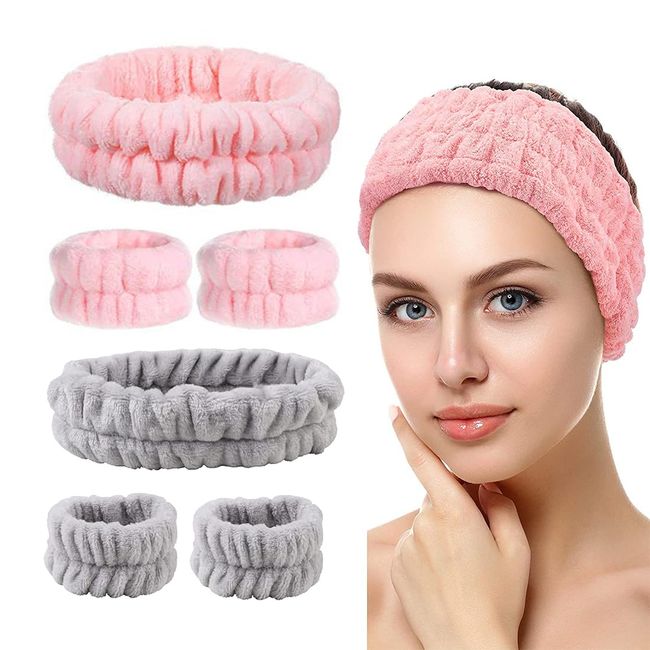 EODKSE 6er Set Spa Gesichts- und Handgelenkbänder: weiches Haarband und elastisches Schweißband mit flauschigem Stirnband in Grau und Rosa für Damen und Mädchen