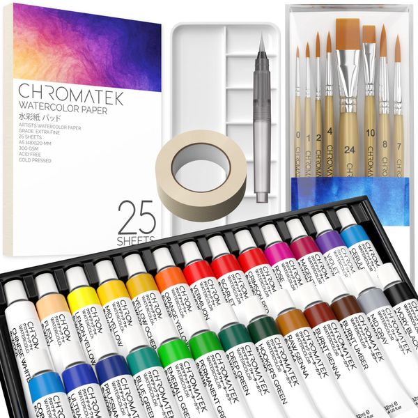 CHROMATEK Watercolor Paint Set | 62 Piece Kit | Adults, Kids, Beginner & Professional Artists | Paper, 8 Brushes, Palette, Aquapen, Tape | 12ml Tubes | Art Supplies