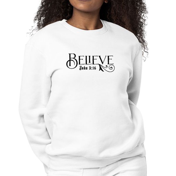 Womens Graphic Sweatshirt Believe John 3:16 Black Illustration - White / S