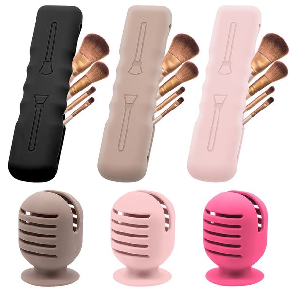 6Pack Makeup Brush Sponge Holder,Silicone Makeup Brush Covers Bag Travel Beauty Blender Holders Suctioned Drying Stand,Magnetic Makeup Brushes Case Organizer for Traveling Cute-Pink,Khaki,Red