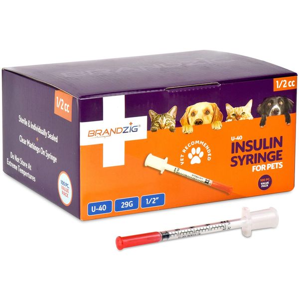 Brandzig U-40 Pet Insulin Syringes 29G 1/2cc, 1/2" 100-Pack