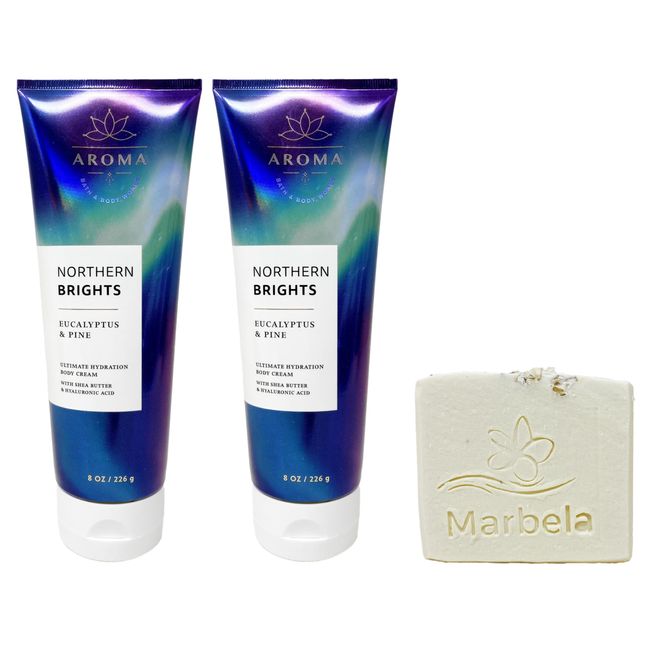 Bath & Body Works Aromatherapy Northern Brights Eucalyptus & Pine - 2 Pack Of Body Cream With a Natural Oats Sample Soap.