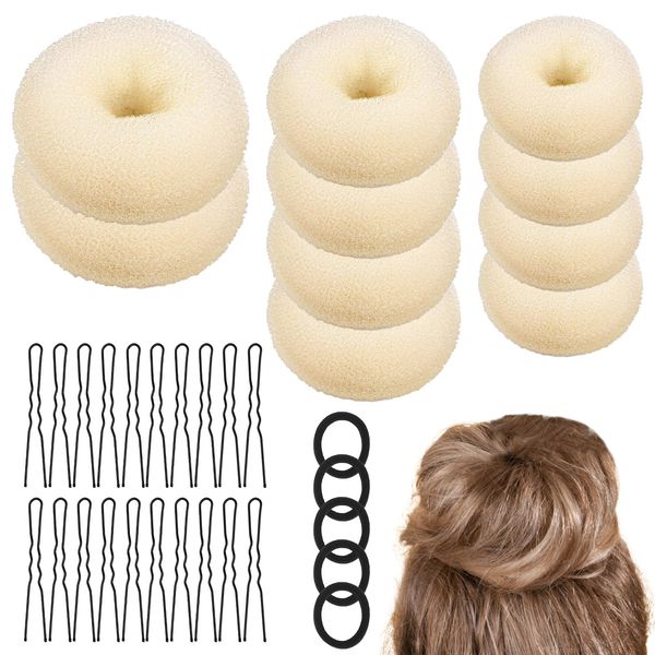 GOLRISEN 35 Stück Duttkissen Donut Hair Bun Maker Set Brötchenformer Haar Styling Zubehör 10 Stück Chignon Bun Maker mit 5 elastischen Haarband und 20 U-Form Haarspange (Weiß)