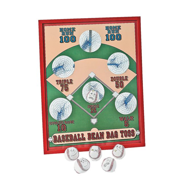 Baseball Bean Bag Toss Game - Wood Game Board with 5 Bean Bags - Birthday Party Game