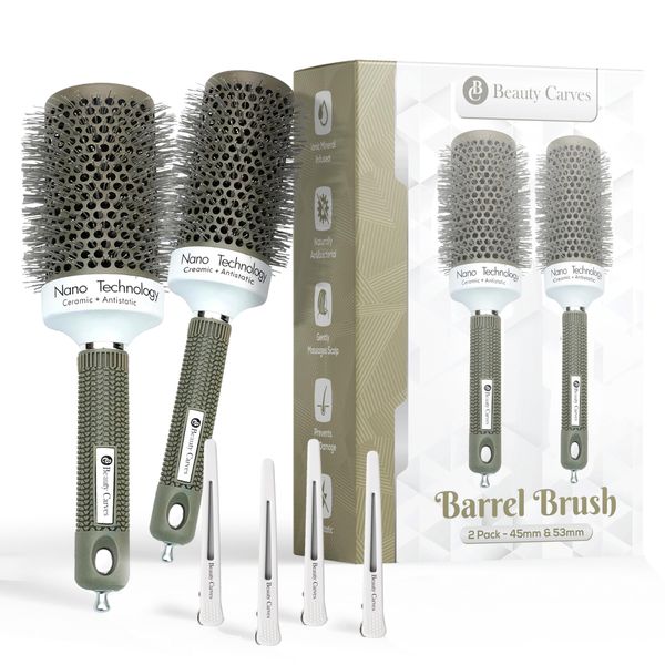 Round Brush Set, 45&53mm Brushes with 4 Clips, Round Brush for Blow out with Flexible Nylon 66 Bristles Nano Ionic Heat Resistant Tech for Professional Curling, Styling & Shining Texture