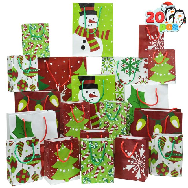 20 Christmas Goody Gift Bags with Handles Assorted Sizes, Holiday Paper Goodie Bag for Xmas Gift-Giving, Classroom and Party Favors