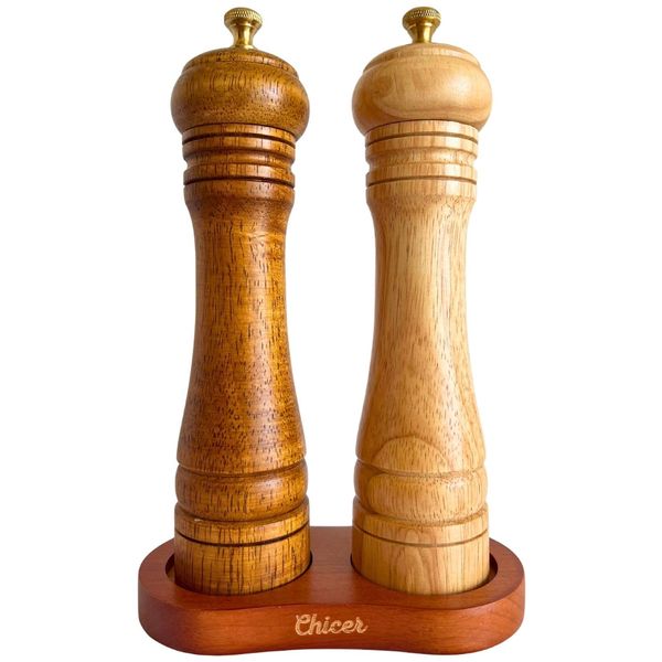 Chicer_Kitchen Appliance Specialty Store 8" Manual Wood Pepper Mill Mill with Saucer Set of 2 Pepper Grinder Salt and Pepper Shaker Pepper Salt Salt Roughness Adjuster