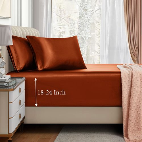 VACVELT 3pcs Extra Deep Pocket Satin Fitted Sheet Set King Bed Set, Burnt Orange Bottom Sheet Fit 18-24 Inch Deep Pocket Mattress, Silky Bedding Set Soft & Ultra Deep Fitted Sheet & 2 Pillowcase
