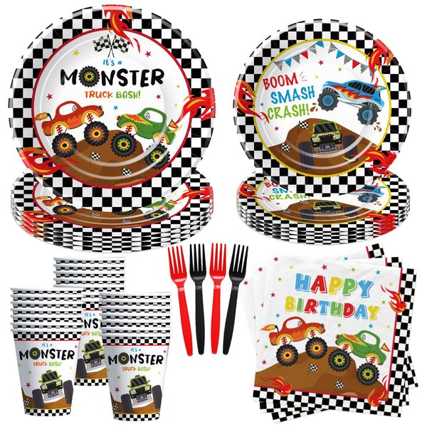 Suhelkit Monster Truck Birthday Decorations For Kids - Monster Truck Party Decorations Tableware, Paper Plate, Cup, Napkin, Disposable Fork, Monster Truck Birthday Party Supplies Dinnerware | Serve 24