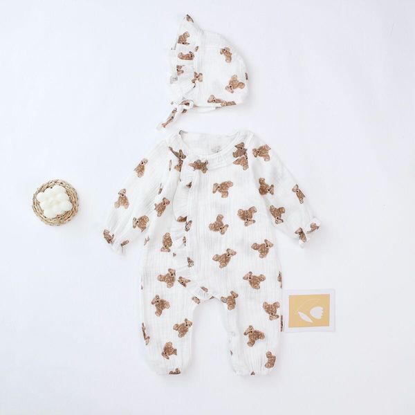 Baby Girls Bear Print Pattern Lace Design Round Collar Long-Sleeved Rompers With Hat - 80 (9-12M) / White