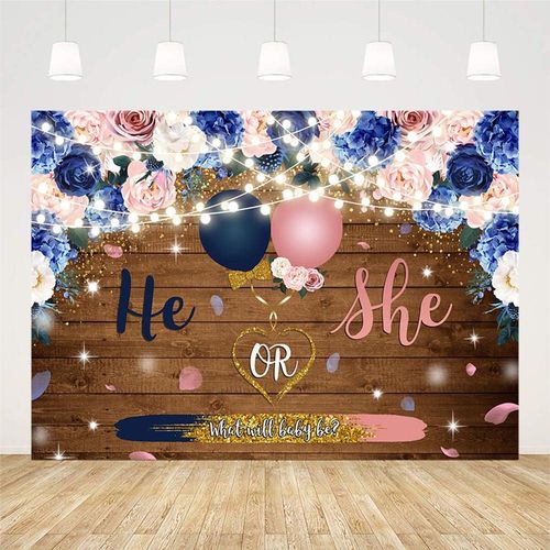 SENDY 7x5ft Navy and Blush Gender Reveal Backdrop He or She Navy Blue Blush Pink Floral Baby Gender Reveal Party Decorations Retro Wood Balloon Pregnancy Reveal Surprise Boy or Girl Background Banner