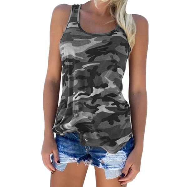 Zcavy Stretchy Yoga Shirts Comfortable Workout Clothing Muscle Shirts Camouflage Sport Fitness Apparel Flowy Gym Running Camo Print Tank Tops for Women Grey L