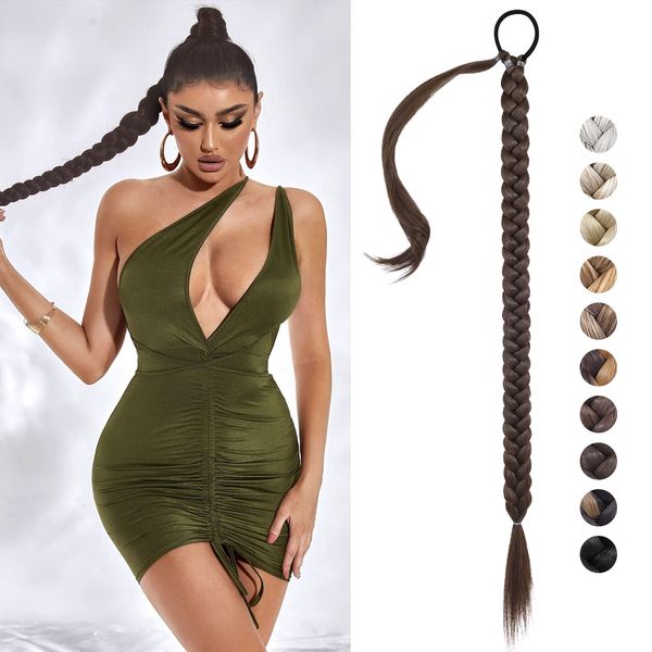 REECHO DIY Braid Ponytail Extension, Long Straight Wrap Around Ponytail Hair Extensions Natural Soft Synthetic Hairpieces for Women - Dark Chocolate Brown 150g