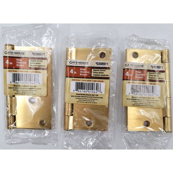 Gatehouse 4" Satin Brass Finish Entry Door Hinges Square Corner 0308911 Lot of 3