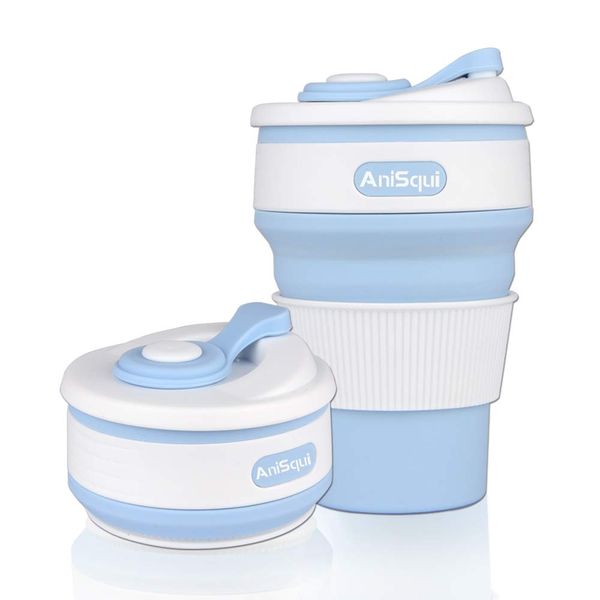 AniSqui Collapsible Coffee Cup Silicone with Lids (12oz 350ml, BPA Free Eco Reusable Coffee Cup), Portable Coffee Cup, Foldable Coffee Mugs Collapsible Fits in Your Pocket (Blue)