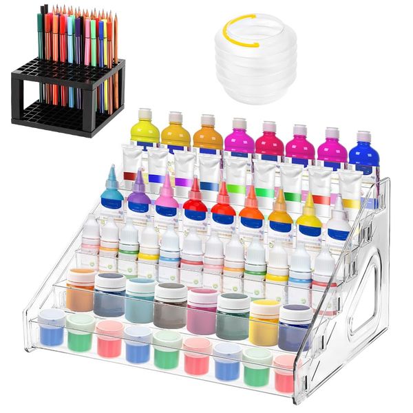 KYYGKY 6 Layer Acrylic Paint Organizer Craft Paint Storage Rack Clear Paint Bottle Holder Shelf Paint Bottles Display Organizer with Paint Brush Holder, Paint Brush Washer for Miniature Paint Set