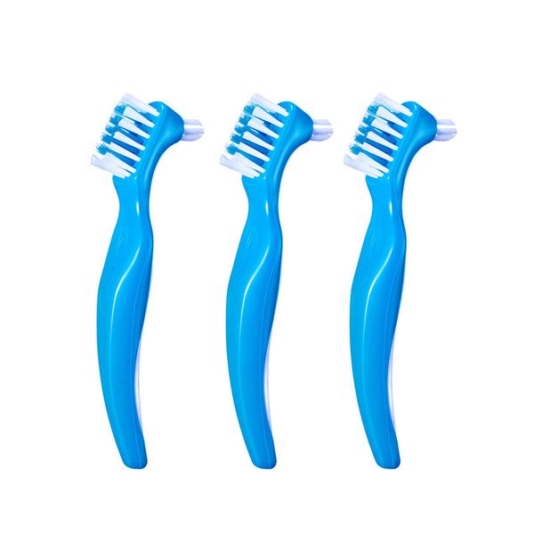 3 Pieces Premium Denture Cleaning Brush Set with Multi-Layered Bristles & Ergonomic Rubber Handle, Portable Denture Double Sided Brush for False Teeth Cleaning, Blue