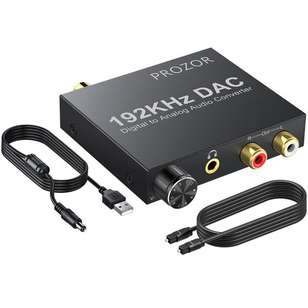 PROZOR 192KHz Digital to Analog Audio Converter - Upgrade Volume Adjustable Optical to RCA Converter with Optical & USB Power Cable, Digital DAC Converter SPDIF TOSLINK to Stereo L/R & 3.5mm Jack