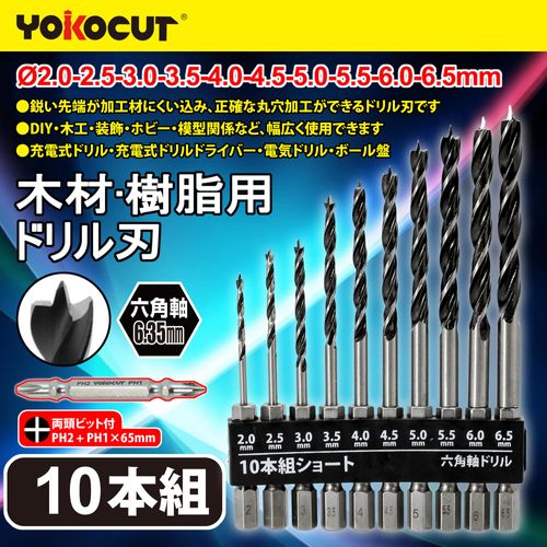 YOKOCUT Drill Bit Set, Woodworking Drill, Hexagonal Shaft, Set of 10, Wood, Hole Drill, Triangular Tip Drill Bit, Impact Double-Headed Screwdriver Bit