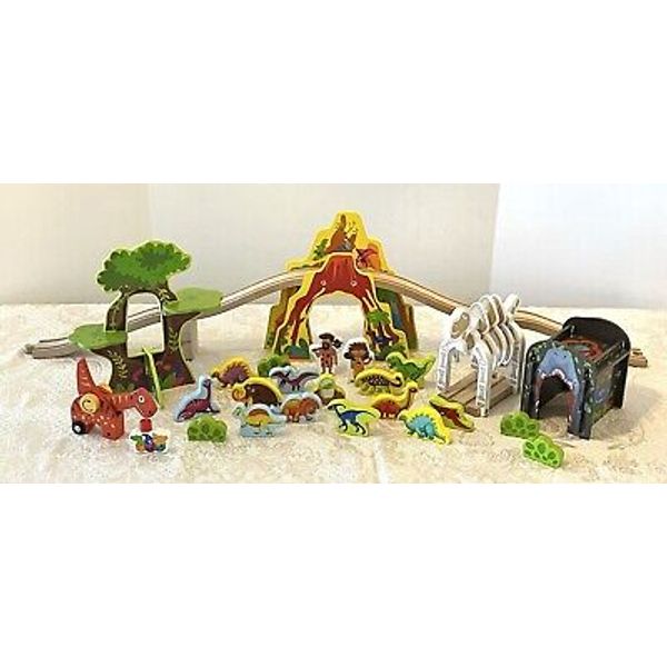 Tookyland Bigjig Wooden Dinosaur Train Set Tunnel Arch Tree Figures Shrubs 31-Pc