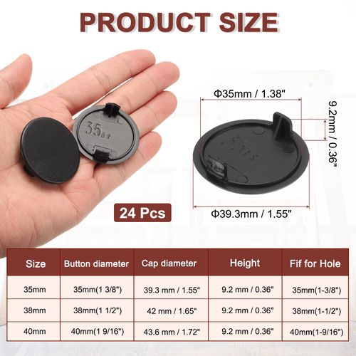 uxcell 24Pcs Hinge Hole Covers, 35mm(1 3/8") Dia Plastic Concealed Hinge Hole Cover Plug Cap Round Flush Type Caps for Furniture Cabinet Cupboard Wardrobe Dresser, Black