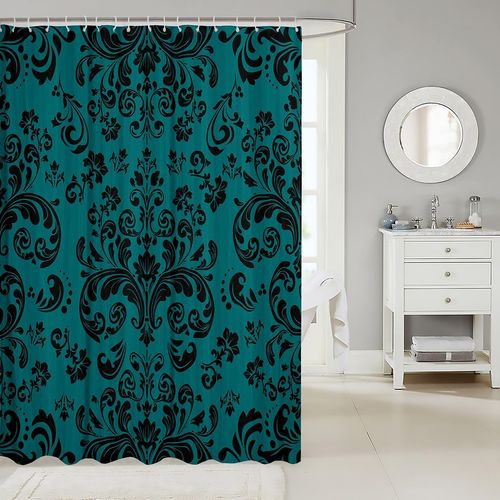 Erosebridal Black Teal Damask Bathroom Curtain 72" Wx72 L Boho Gothic Floral Turquoise Shower Curtain Goth Bohemian Exotic Bathtub Curtain for Bathroom Retro Victorian Baroque Flower Bathroom Decor