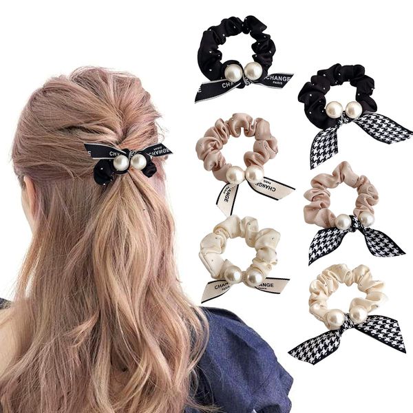 Pearl Hair Ties, UNLONLEG 6Pcs Rabbit Bunny Ear Scrunchies, Fabric Rubber Band Bow Hair Ties, Pearl Bow Hair Scrunchies for Women Bow Ponytail Holder Hair Accessories for Girls(B#)