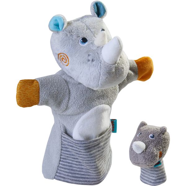 HABA 305755 Hand Puppet Rhino with Baby, Hand Puppet from 1.5 Years, L