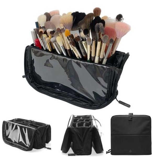 YOUSIMEI Makeup Brush Case, Professional, Makeup Brush Storage Pouch, Brush Stand, Makeup Brush Holder, Makeup Pouch, Stands Up, Adjustable Dividers, Large Capacity, Travel, Easy to Carry, Transparent Cover, Lid Included, Holds Over 50 Brushes, Easy to Cl