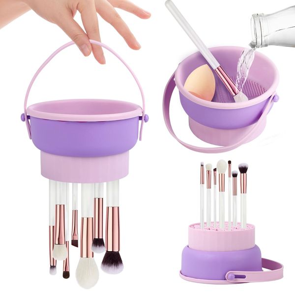 Portable Makeup Brush Cleaning Bowl, 3-in-1 Silicone Makeup Brush Cleaning Bowl with Lanyard for Drying and Storage Accessories Function (Purple)