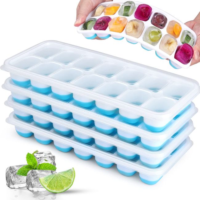 4 Pack Eiswürfelform mit Deckel, JRISBO Silikon Eiswürfelbehälter BPA Frei und LFGB Zertifiziert Sicher, 4×14 Stapelbar & Luftdicht Ice Cube Tray für Gefrierschrank Babybrei Whisky